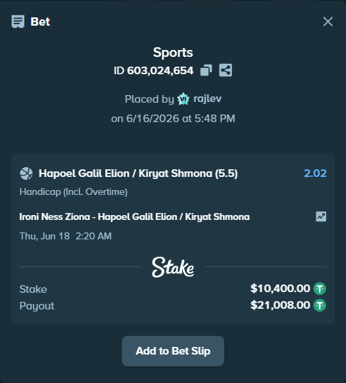 Bet slip: Ironi Ness Ziona - Hapoel Galil Elyon, $10,410.40 stake at 2.02 odds, placed by rajlev