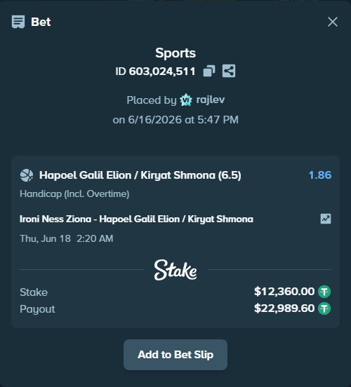 Bet slip: Ironi Ness Ziona - Hapoel Galil Elyon, $12,372.36 stake at 1.86 odds, placed by rajlev