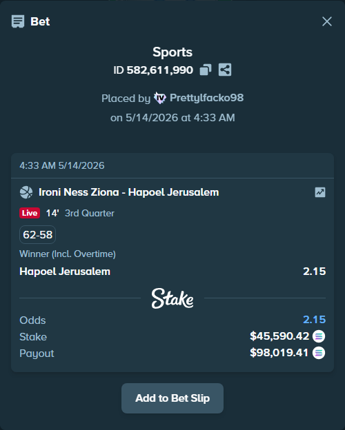 Bet slip: Ironi Ness Ziona - Hapoel Jerusalem, $36,702.62 stake at 2.15 odds, placed by Prettylfacko98