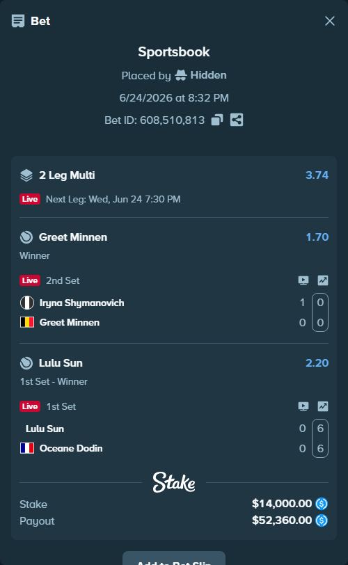 Bet slip: Iryna Shymanovich - Greet Minnen, $14,000.00 stake at 1.70 odds, placed by Hidden