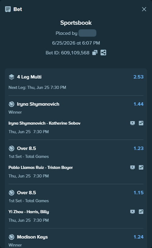 Bet slip: Iryna Shymanovich - Katherine Sebov, $15,432.00 stake at 1.44 odds, placed by Pierob76