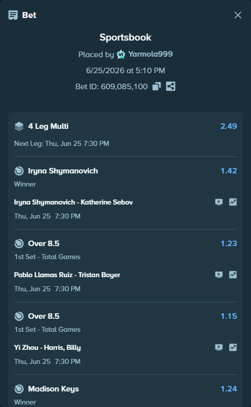 Bet slip: Iryna Shymanovich - Katherine Sebov, $16,000.00 stake at 1.42 odds, placed by Yarmola999