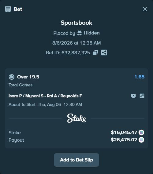Bet slip: Isaro P / Myneni S - Rai A / Reynolds F, $15,776.31 stake at 1.65 odds, placed by Hidden