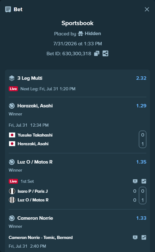 Bet slip: Isaro P / Paris J - Luz O / Matos R, $30,000.00 stake at 1.35 odds, placed by Hidden