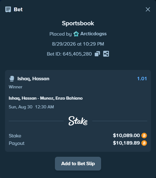Bet slip: Ishaq, Hassan - Munoz, Enzo Bahiano, $10,159.42 stake at 1.01 odds, placed by Arcticdogss