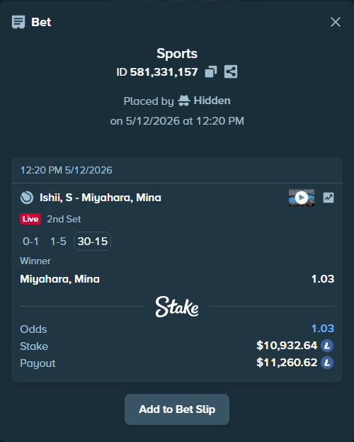 Bet slip: Ishii, S - Miyahara, Mina, $8,379.77 stake at 1.03 odds, placed by Hidden