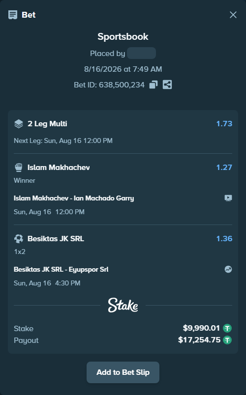 Bet slip: Islam Makhachev - Ian Machado Garry, $10,000.00 stake at 1.27 odds, placed by rasulovm