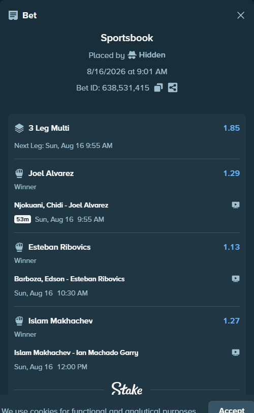 Bet slip: Islam Makhachev - Ian Machado Garry, $10,000.00 stake at 1.27 odds, placed by Hidden