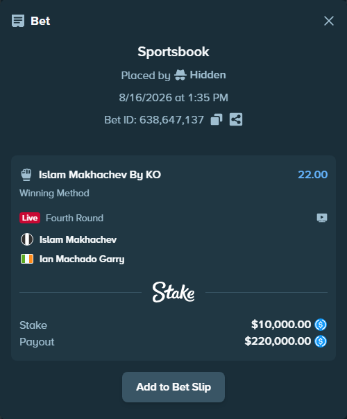 Bet slip: Islam Makhachev - Ian Machado Garry, $10,000.00 stake at 22.00 odds, placed by Hidden
