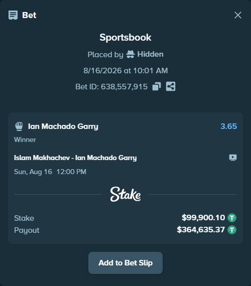 Bet slip: Islam Makhachev - Ian Machado Garry, $100,000.00 stake at 3.65 odds, placed by Hidden
