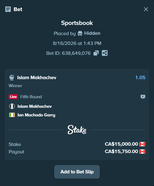 Bet slip: Islam Makhachev - Ian Machado Garry, $11,100.00 stake at 1.05 odds, placed by Hidden