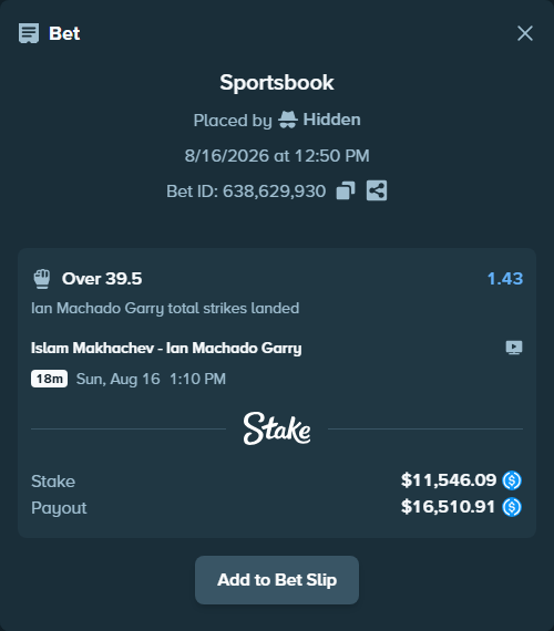 Bet slip: Islam Makhachev - Ian Machado Garry, $11,546.09 stake at 1.43 odds, placed by Hidden