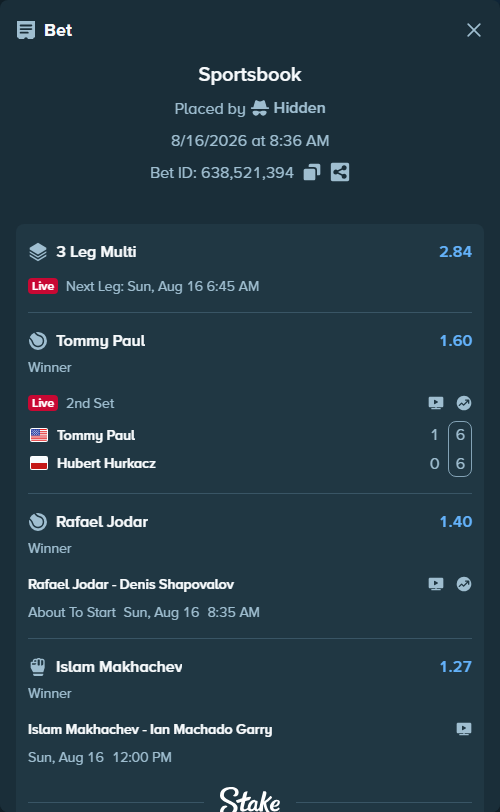 Bet slip: Islam Makhachev - Ian Machado Garry, $13,863.99 stake at 1.27 odds, placed by Hidden