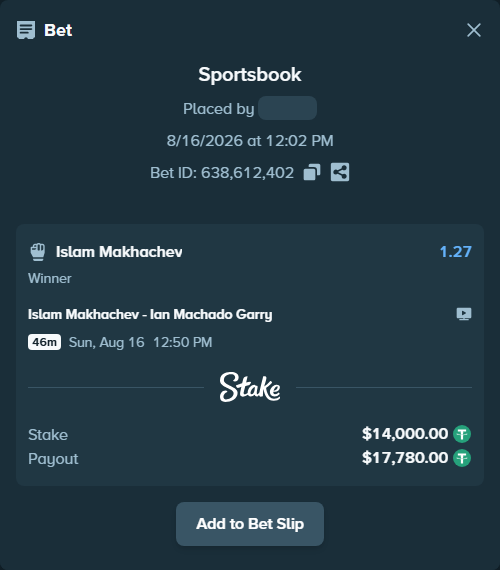 Bet slip: Islam Makhachev - Ian Machado Garry, $14,014.00 stake at 1.27 odds, placed by Voscala