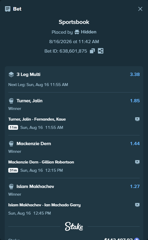 Bet slip: Islam Makhachev - Ian Machado Garry, $143,587.28 stake at 1.27 odds, placed by Hidden