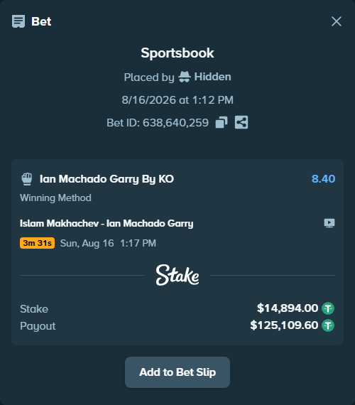 Bet slip: Islam Makhachev - Ian Machado Garry, $14,908.89 stake at 8.40 odds, placed by Hidden