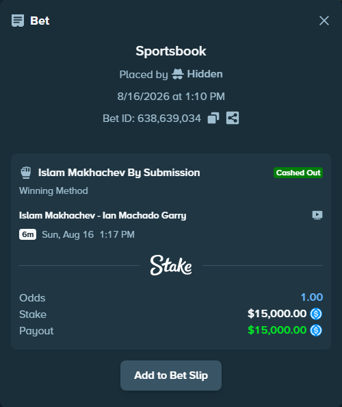 Bet slip: Islam Makhachev - Ian Machado Garry, $15,000.00 stake at 3.00 odds, placed by Hidden