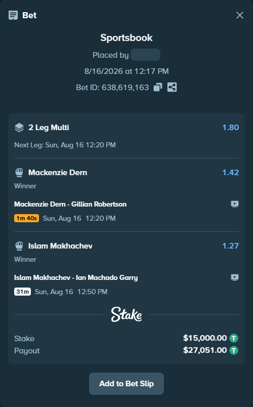 Bet slip: Islam Makhachev - Ian Machado Garry, $15,015.00 stake at 1.27 odds, placed by Davidbushel1