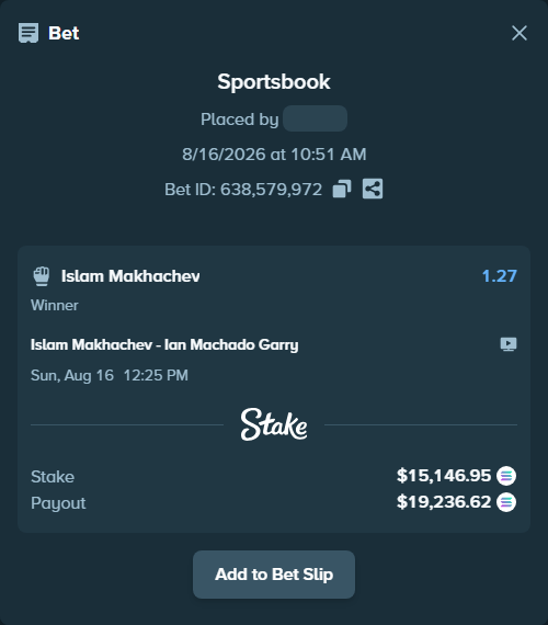 Bet slip: Islam Makhachev - Ian Machado Garry, $15,155.40 stake at 1.27 odds, placed by FunkyPavel