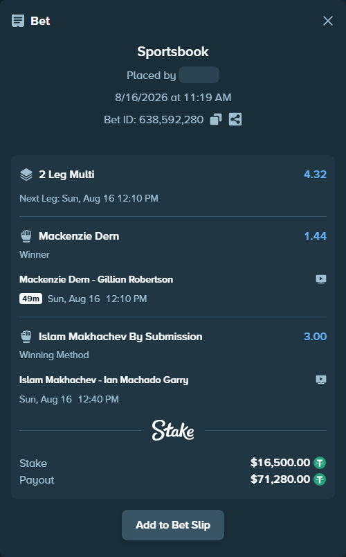 Bet slip: Islam Makhachev - Ian Machado Garry, $16,516.50 stake at 3.00 odds, placed by Saifshalabi