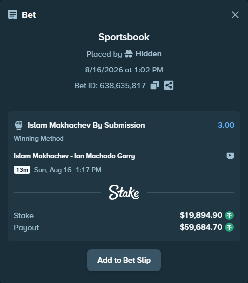 Bet slip: Islam Makhachev - Ian Machado Garry, $19,914.79 stake at 3.00 odds, placed by Hidden