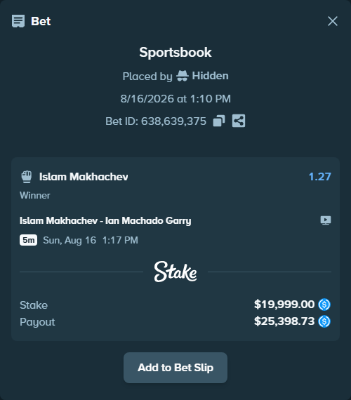 Bet slip: Islam Makhachev - Ian Machado Garry, $19,999.00 stake at 1.27 odds, placed by Hidden