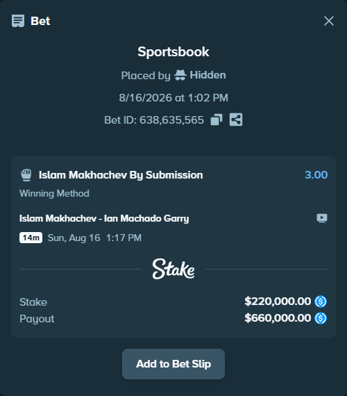 Bet slip: Islam Makhachev - Ian Machado Garry, $220,000.00 stake at 3.00 odds, placed by Hidden