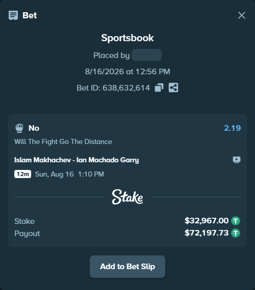 Bet slip: Islam Makhachev - Ian Machado Garry, $32,999.97 stake at 2.19 odds, placed by privetmedvet15