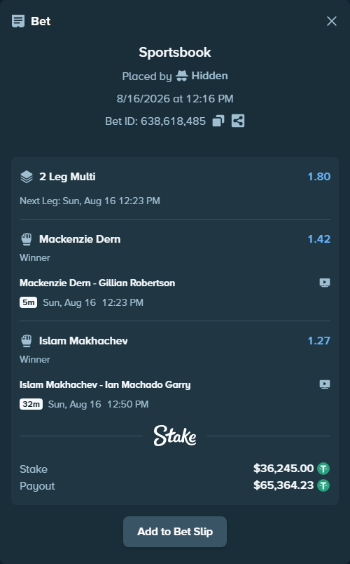 Bet slip: Islam Makhachev - Ian Machado Garry, $36,281.24 stake at 1.27 odds, placed by Hidden