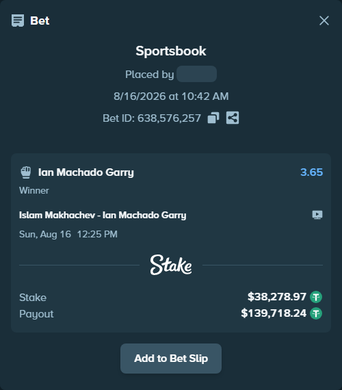 Bet slip: Islam Makhachev - Ian Machado Garry, $38,317.25 stake at 3.65 odds, placed by playppt