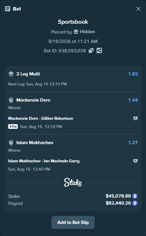 Bet slip: Islam Makhachev - Ian Machado Garry, $45,089.75 stake at 1.27 odds, placed by Hidden