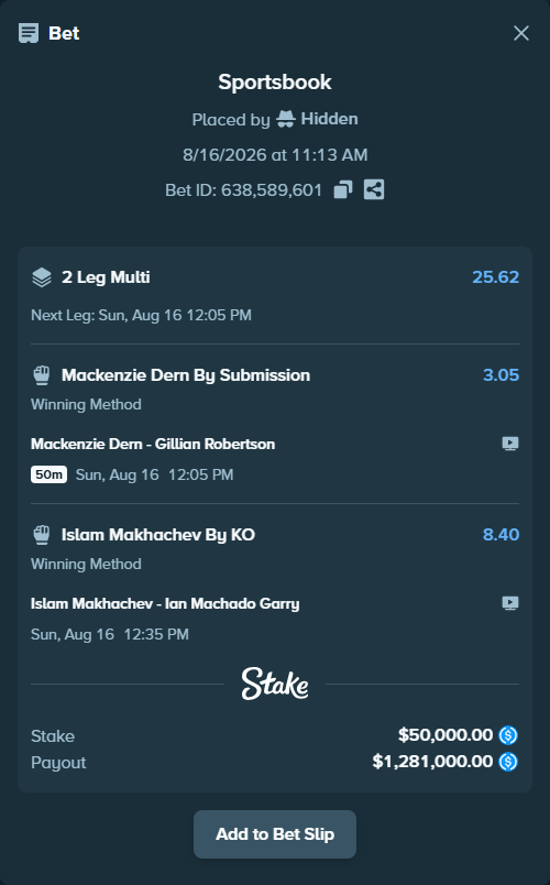 Bet slip: Islam Makhachev - Ian Machado Garry, $50,000.00 stake at 8.40 odds, placed by Hidden