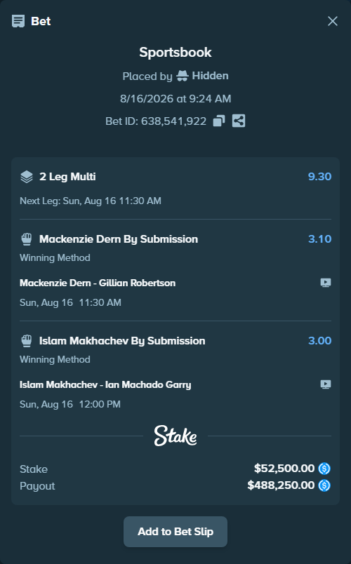 Bet slip: Islam Makhachev - Ian Machado Garry, $52,500.00 stake at 3.00 odds, placed by Hidden