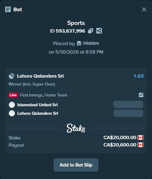 Bet slip: Islamabad United SRL - Lahore Qalandars SRL, $14,800.00 stake at 1.03 odds, placed by Hidden