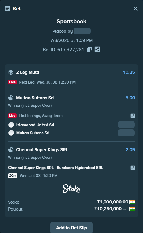 Bet slip: Islamabad United SRL - Multan Sultans SRL, $12,000.00 stake at 5.00 odds, placed by Viti0702