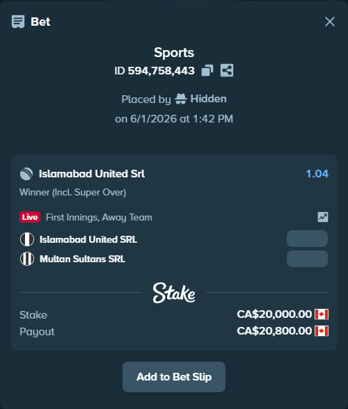 Bet slip: Islamabad United SRL - Multan Sultans SRL, $14,800.00 stake at 1.04 odds, placed by Hidden