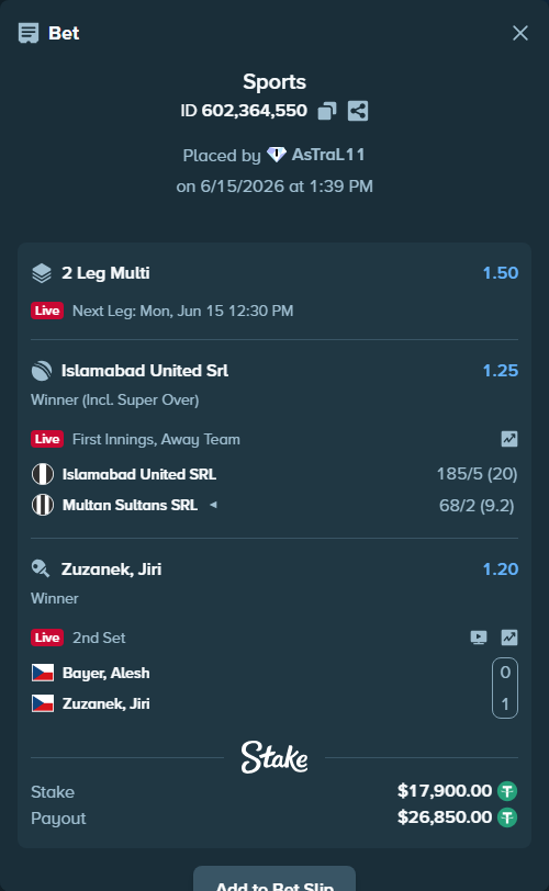Bet slip: Islamabad United SRL - Multan Sultans SRL, $17,917.90 stake at 1.25 odds, placed by AsTraL11