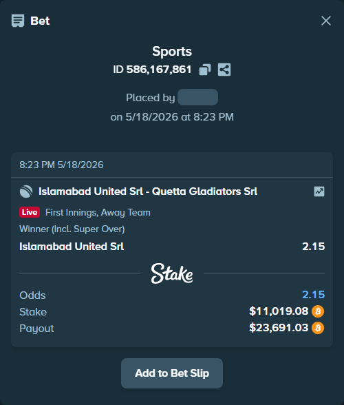 Bet slip: Islamabad United SRL - Quetta Gladiators SRL, $9,208.81 stake at 2.15 odds, placed by ninafreak
