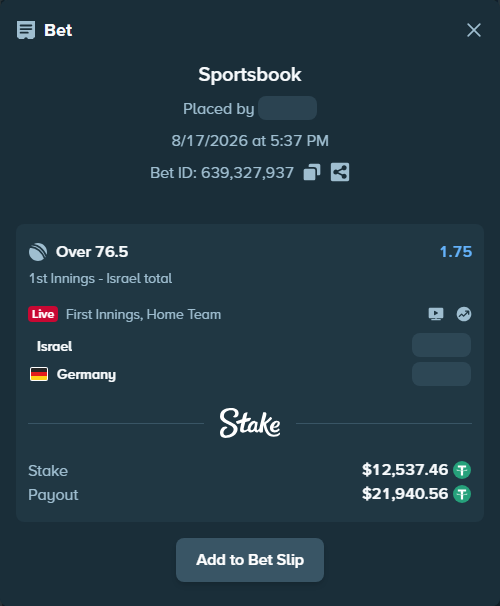 Bet slip: Israel - Germany, $12,550.00 stake at 1.75 odds, placed by Munni12300