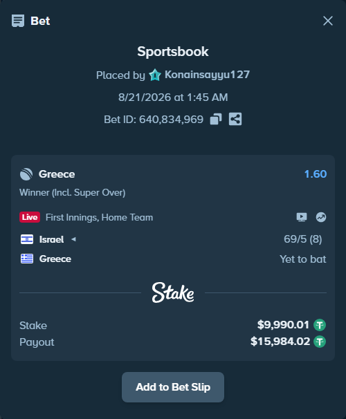 Bet slip: Israel - Greece, $10,000.00 stake at 1.60 odds, placed by Konainsayyu127