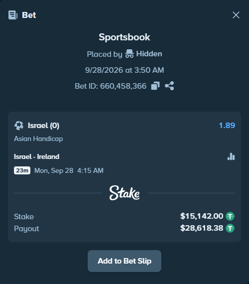 Bet slip: Israel - Ireland, $15,142.00 stake at 1.89 odds, placed by DMNTE96