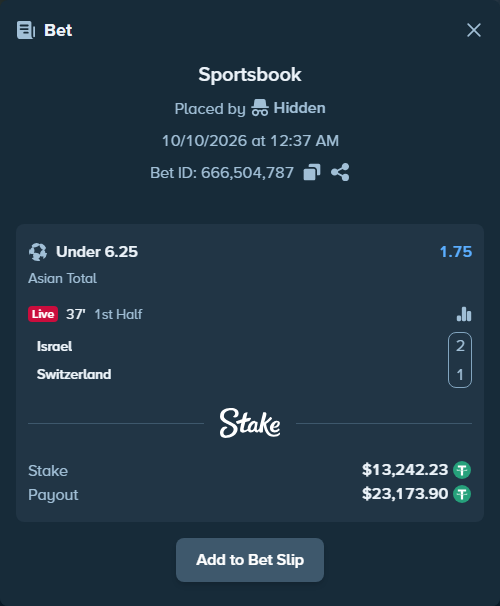Bet slip: Israel - Switzerland, $13,255.47 stake at 1.75 odds, placed by kankerxeqtr
