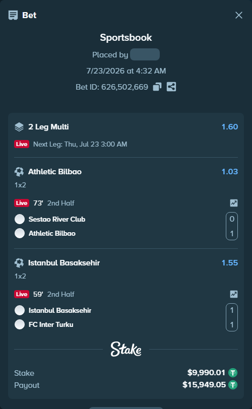 Bet slip: Istanbul Basaksehir - FC Inter Turku, $10,000.00 stake at 1.55 odds, placed by Jephthah2