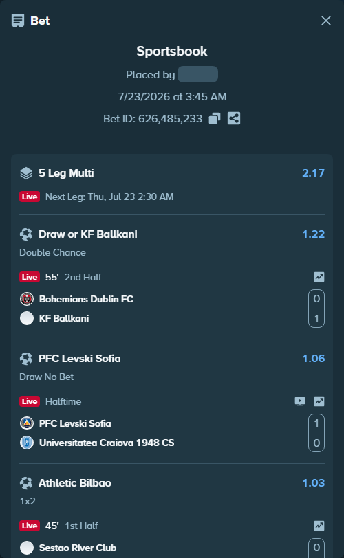 Bet slip: Istanbul Basaksehir - FC Inter Turku, $22,140.00 stake at 1.60 odds, placed by Jephthah2