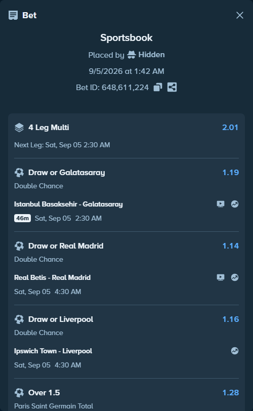Bet slip: Istanbul Basaksehir - Galatasaray Istanbul, $115,481.62 stake at 1.19 odds, placed by Hidden