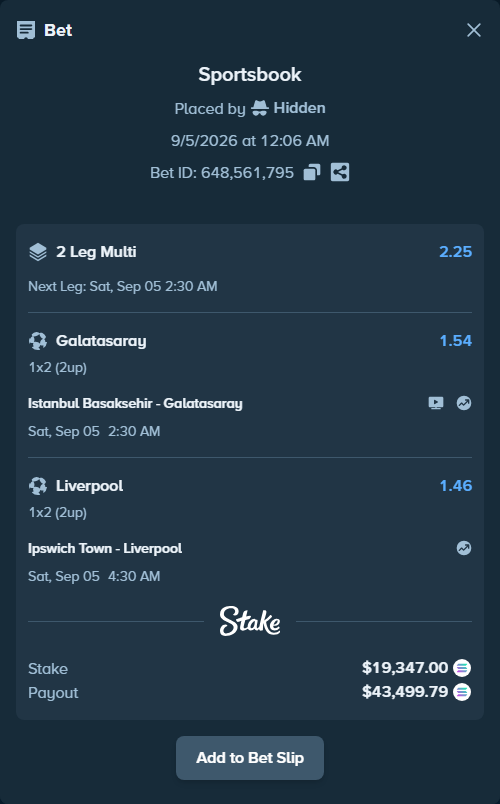 Bet slip: Istanbul Basaksehir - Galatasaray Istanbul, $19,406.97 stake at 1.54 odds, placed by Hidden