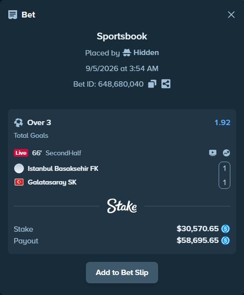Bet slip: Istanbul Basaksehir - Galatasaray Istanbul, $30,570.65 stake at 1.92 odds, placed by Hidden