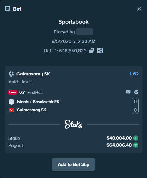 Bet slip: Istanbul Basaksehir - Galatasaray Istanbul, $40,000.00 stake at 1.62 odds, placed by ayoflasher
