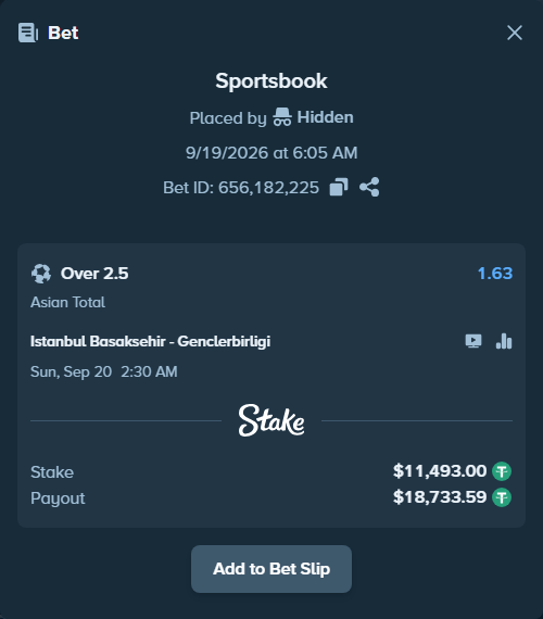 Bet slip: Istanbul Basaksehir - Genclerbirligi, $11,493.00 stake at 1.63 odds, placed by Hidden