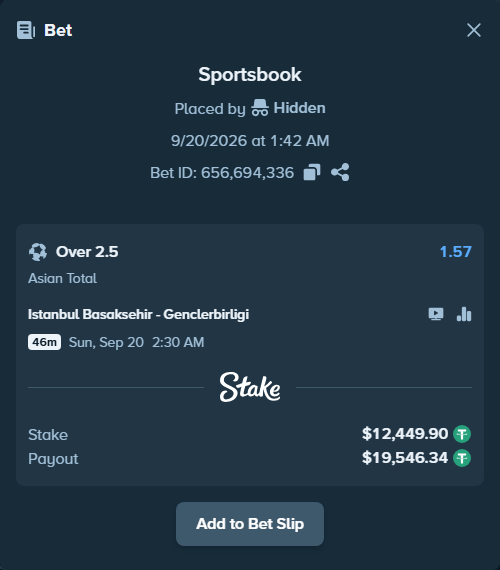 Bet slip: Istanbul Basaksehir - Genclerbirligi, $12,449.90 stake at 1.57 odds, placed by Hidden